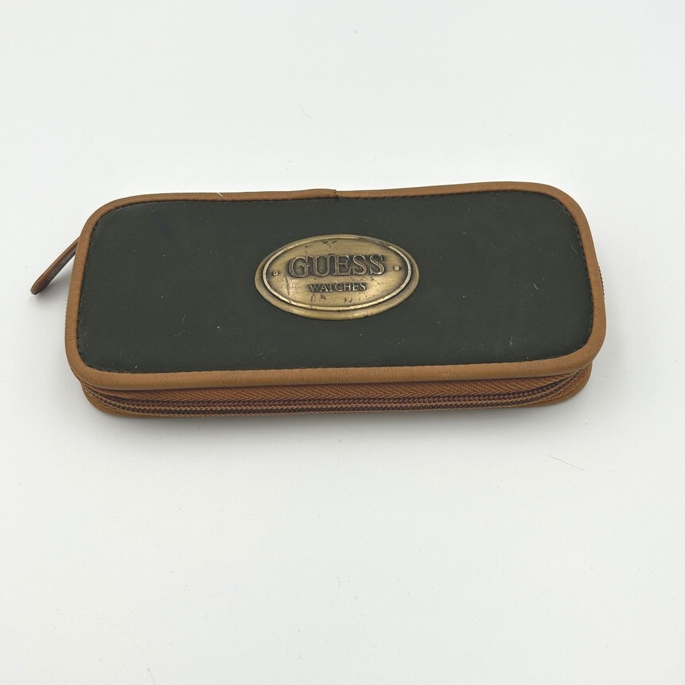 Vintage Guess Watches‎ Travel Case Green Brown Zip Around Pouch Brass Logo